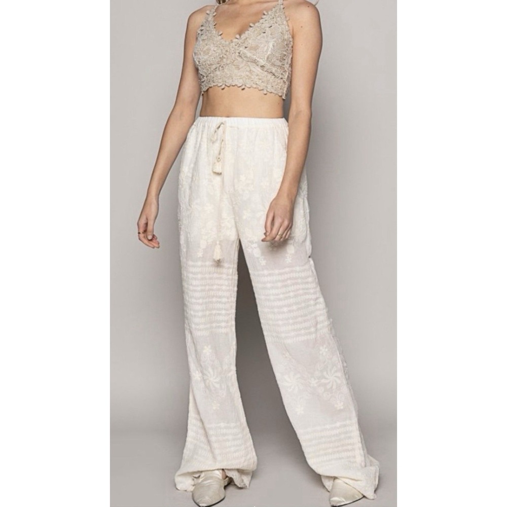 POL Ivory Cream Crocheted Cotton Boho Pants One Size Lined Elastic Waist Hippie